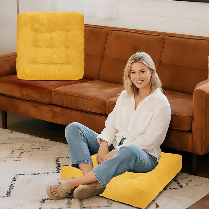 Meditation Floor Pillow Set of 2, Square Large Pillows Seating for Adults, Tufted Corduroy Cushion for Tatami Living Room, 22x22 Inch FP-Yellow
