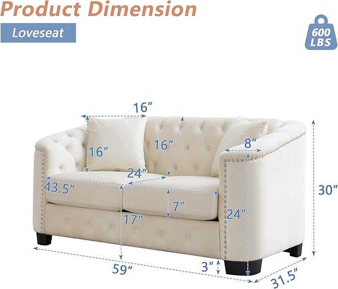 mikibama Modern Chesterfield Velvet Loveseat Sofa, 59 Inch Sectional Sofa, Luxury 2 Seater Upholstered Tufted Couch with Nailhead Arms and 2 Pillows for Living Room, Bedroom, Apartment(Beige)