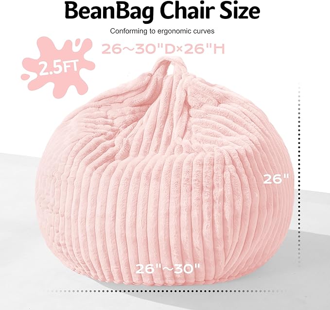 Homguava 2FT Bean Bag Chair, 2' Small Bean Bags with Memory Foam Filled, Beanbag Chairs with Machine Washable Cover Dutch Corded Plush Cover for Classroom,Living Room,Bedroom-Soft Pink