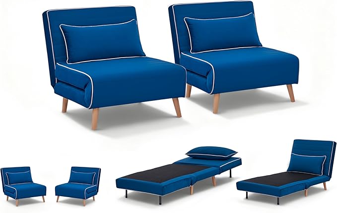 CITTANEO 2 Sets 32" Convertible Sleeper Chair, 3-in-1 Folding Sleeper Chair with Adjustable Backrest and Pillows, 2-Piece Sofa Bed Sets for Apartment, Office, Blue