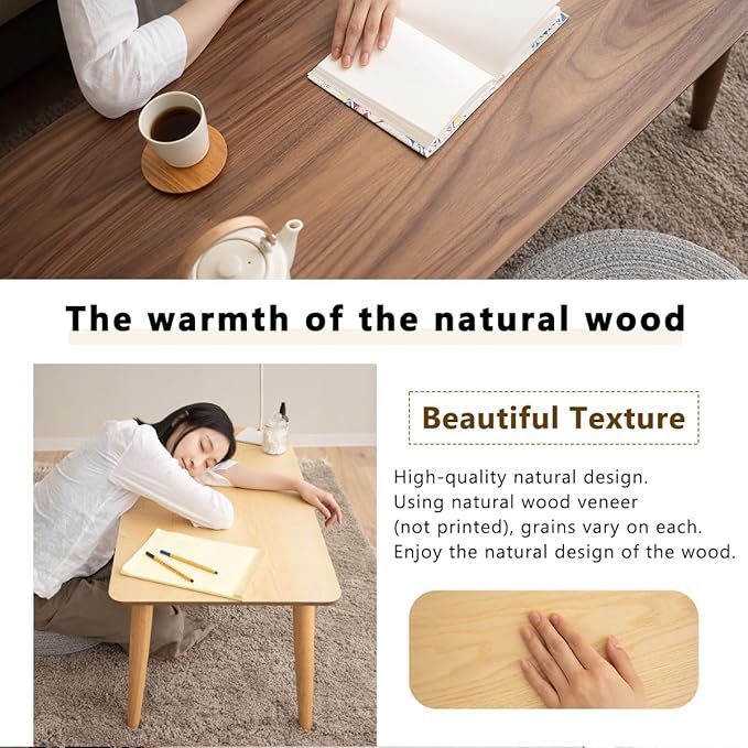 EMOOR Wood Folding Coffee Table Rectangle Large (20.5"x41.3") Walnut, Floor Sitting Low Table Small Space Minimalist Japanese Tatami Room