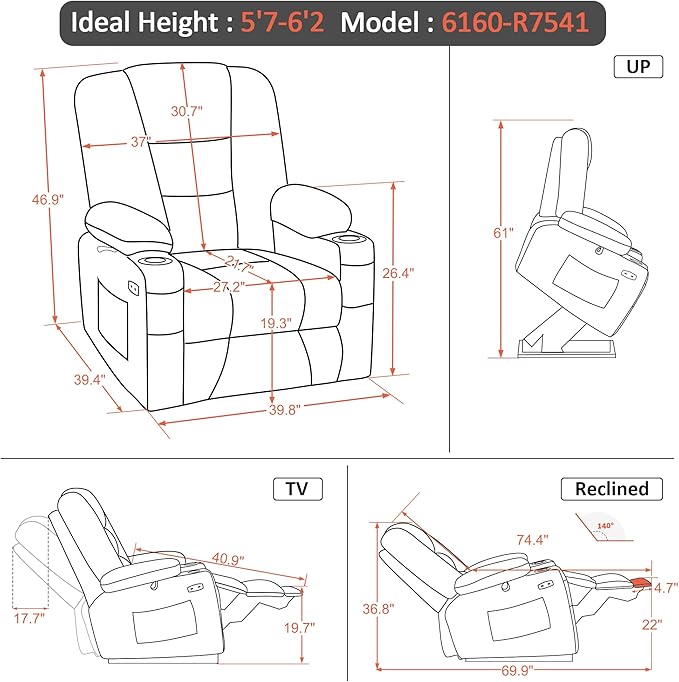 MCombo Oversized Power Lift Recliner Chair with Massage and Heat for Big and Tall Elderly People, Cup Holders, USB Ports, Side Pockets, Faux Leather R7541 (Beige, Large-Oversize)