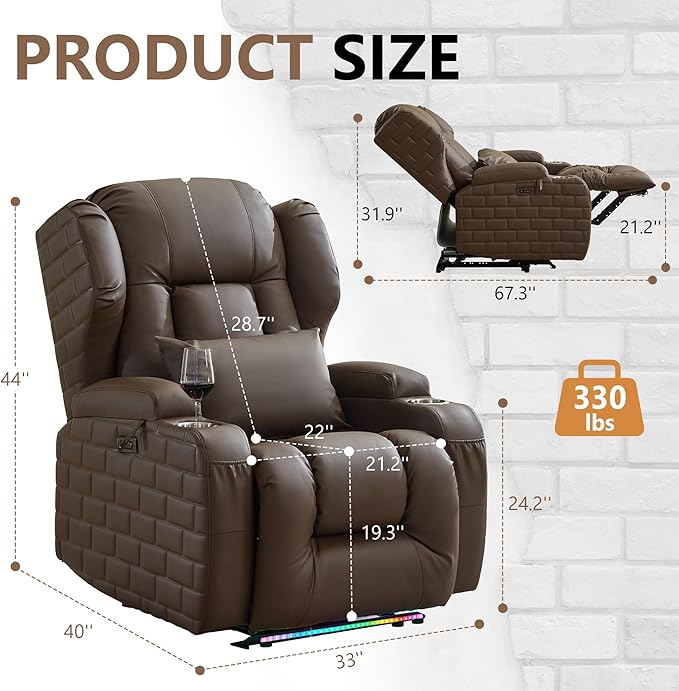Wall Hugger Power Recliner Chair with Heat and Massage, Overstuffed Reclining Sofa Chair for Living Room Home Theater RV with 3-Side LED Lights/Cup Holders/USB & Type C Port (Coffee)