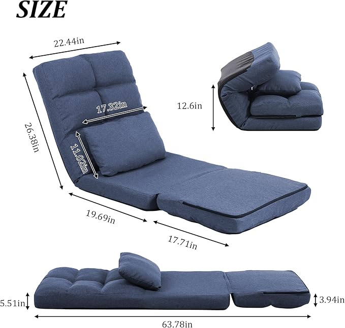 Chaise Lounge Indoor, 14-Position Floor Chair with Padded Pillow for Adults Kids, Folding Lazy Sofa Chair for Living Room, Bedroom, for Gaming Reading Blue