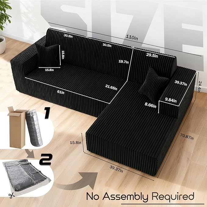 Komusou 110" Boneless Couch, Cloud Modular Sectional Sofa with L-Shape Chaise, Modern Upholstered Couches for Living Room Bedroom No Assembly Required (Black, Right Facing Chaise)