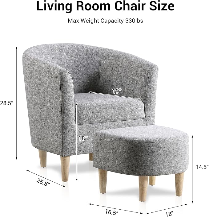 DAZONE Accent Chair with Ottoman, Mid Century Modern Barrel Comfy Fabric Armchair and Footrest Set, Upholstered Club Tub Round Arms Chair for Living Room Bedroom Reading Room, Grey