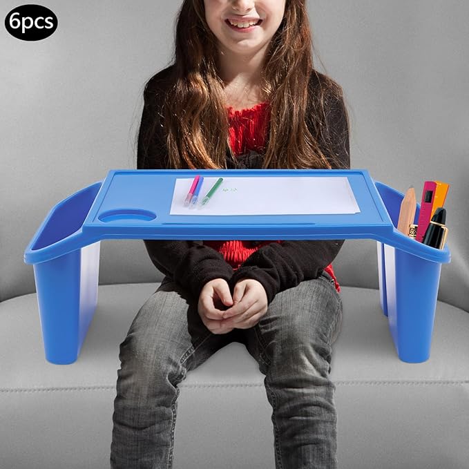 Kids Lap Desk Tray with Side Pockets, Plastic Breakfast Laptop Trays Kids Activity Lap Desk Tray Portable Bed Table Lap Desk for Kids Students Work Study School Classroom (6Pcs, Blue)
