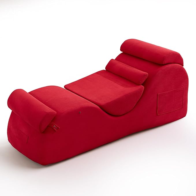 DRMBOOK Yoga Chairs for Adults, Corduroy Fabric Chaise Lounge with Headrest, Boneless Yoga Sofa Couch with Waist Cushion, Movable Footrest, Side Pockets for Relaxation Exercise Stretching (Red)