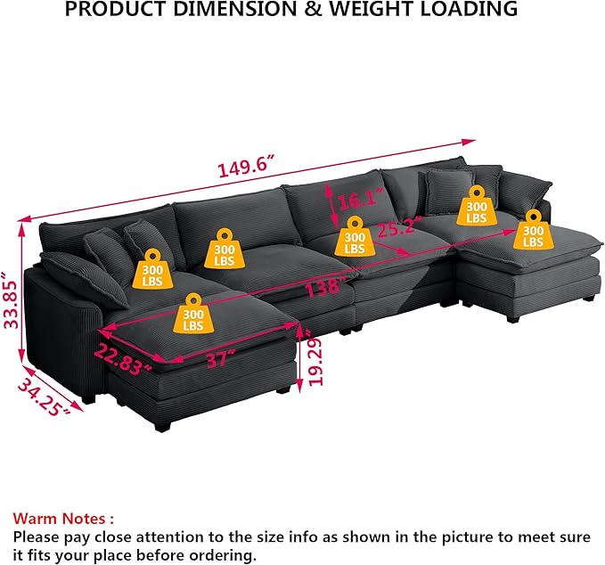 Aoowow Corduroy 4 Seater Couch with Ottomans,Modern Large Cloud Couches for Living Room,U Shaped Modular Sectional Cloud Sofas Deep Seat,U Shape Oversized Tufted Sofa Set (Grey, 4 Seater + 2 Ottoman)