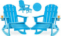 Folding Adirondack Rocking Chair Set of 2,4-in-1 Multifunctional Patio Chairs with Retractable Ottoman, Outdoor Chairs Wood Texture, Lawn Chair for Porch, Backyard, Pool(Pacific Blue)