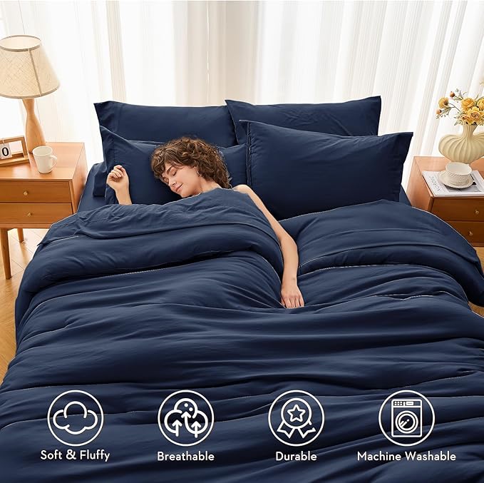 MUXHOMO 5 Pieces Twin Comforter Set, Soft Bed in a Bag Twin Size, All Season Bedding Set with Comforter, Flat Sheet, Fitted Sheet, Pillowcases & Shams, Navy Blue