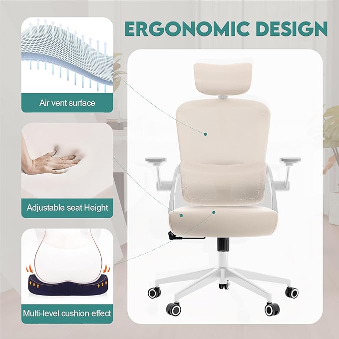 Office Chair Ergonomic Desk Chair with Lumbar Support&Headrest&Flip-up Arms Height Adjustable Rocking Swivel High Back Computer Chair Multi-Angle from 90° to 125° with 350LBS Capacity (05Khaki)
