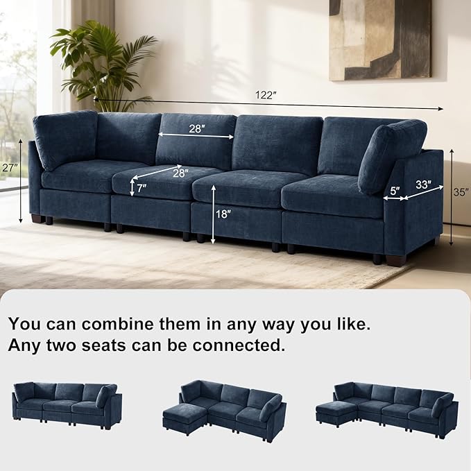 EDILLY 122 inches Oversized Modular Sectional Fabric Cloud Sofa Set, Extra Large L Shaped Couch Reversible Chaise Couch,4 Seat Modular Sofa with Storage Ottoman, Blue