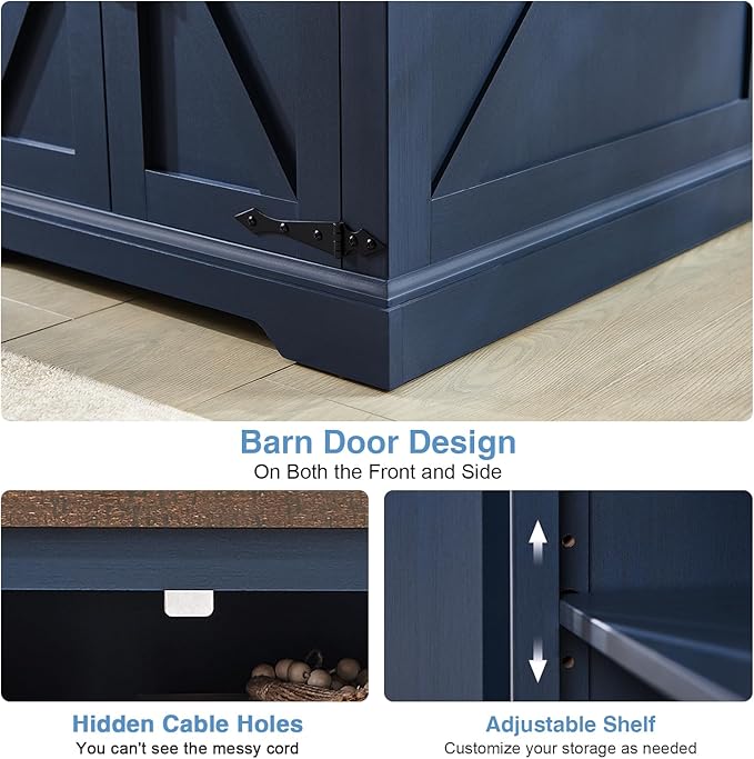 Barnyatoh Farmhouse End Table with Charging Station,24" Large Side Table with Barn Door, Wood Square Nightstand Bedside Table with Adjustable Storage Shelf for Living Room, Bedroom,Navy Blue 2-Pack