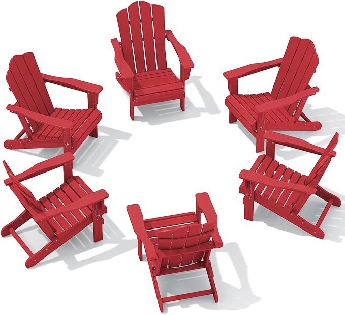 KINGYES Folding Adirondack Chair Set of 6, HDPE All-Weather Folding Adirondack Chair, Light Red