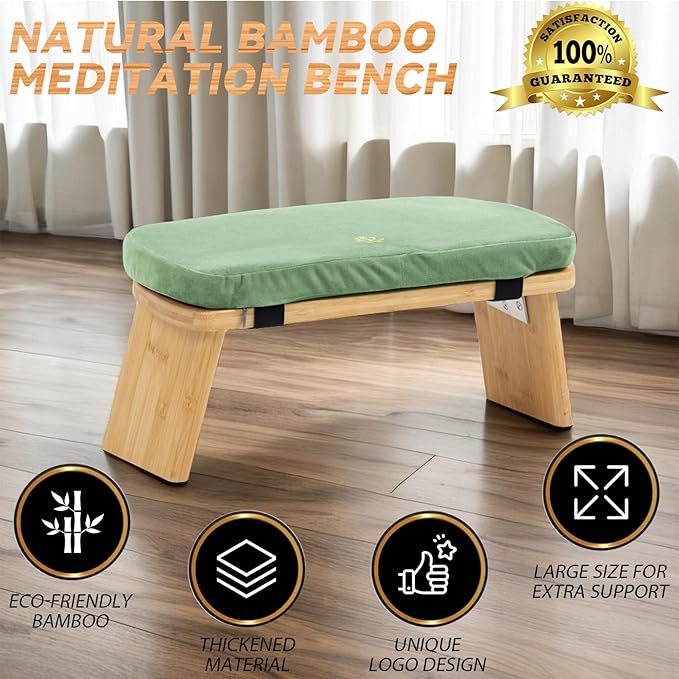 Estleys Meditation Bench, Bamboo Meditation Stool, Folding Kneeling Meditation Bench, Seiza Prayer Bench, Prayer Bench with Meditation Cushion, Kneeling Stool (Green)