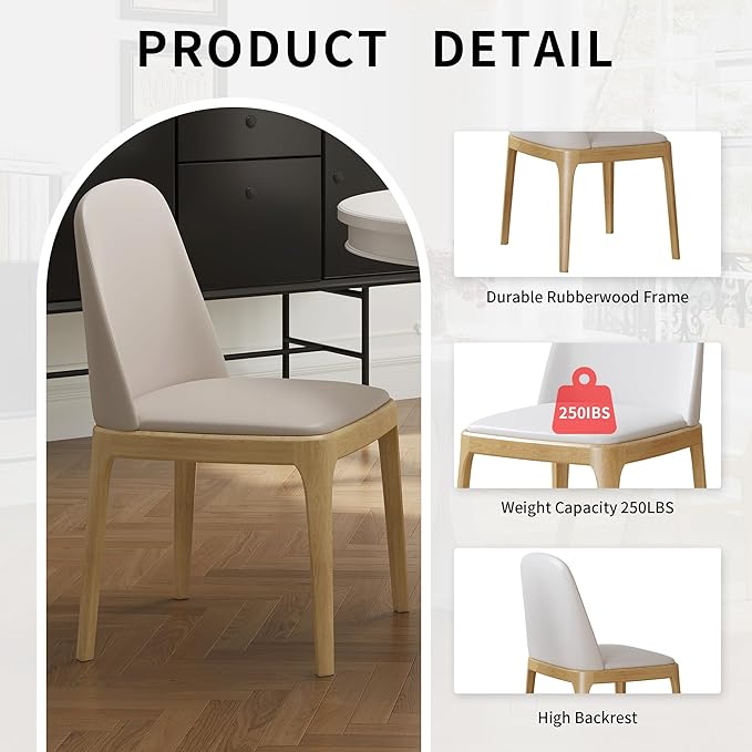 Beige Upholstered backrest Wooden Dining Chairs Set of 6, Beige Upholstered Faux leather Dining Room Chair,SolidWood Frame wood color Side Chairs with Quiet Non-Slip Round Mat for Farmhouse Kitchen