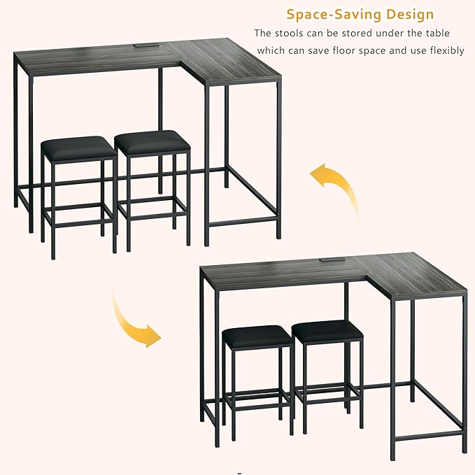 Bar Table and Chairs Set for 2-4, 63'' Convertible L-Shaped Kitchen Table with Power Outlets, 3 Piece Counter Height Small Dining Table with 2 Stools, Space Saving, Breakfast Nook Corner, Grey Oak