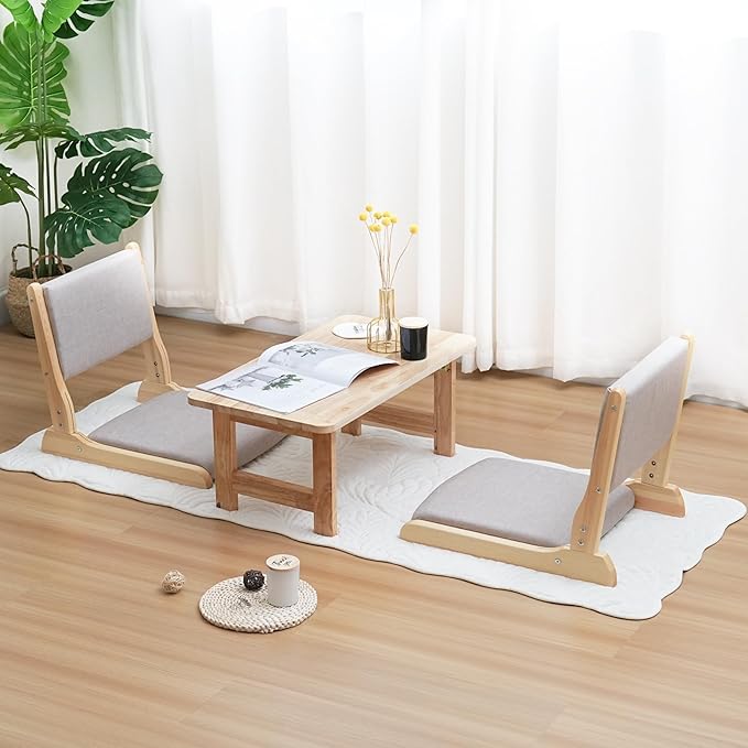 Japanese Floor Chair with Back Support, Foldable Meditation Chair, Legless Tatami Chair with Cushion, Floor Seat for Living Room, Bedroom, Bay Window (1, Gray)