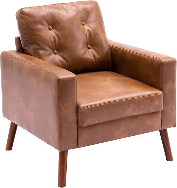 VESCASA Tufted Accent Arm Chair with Wood Legs, PU Faux Leather Comfy Upholstered Single Sofa, Mid Century Modern Side Club Leisure Chair for Reading/Living Room/Bedroom, Caramel