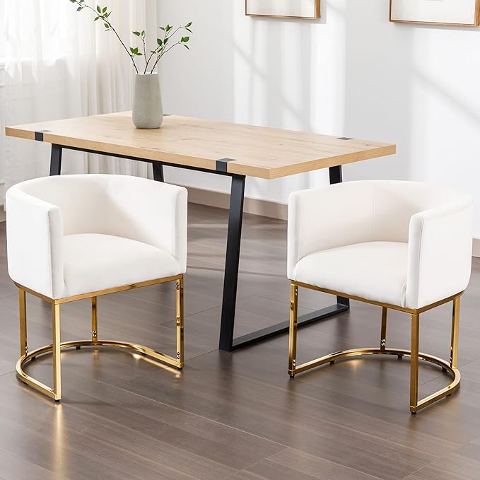 VESCASA Velvet Upholstered Dining Chairs with Barrel Back, Mid Century Modern Padded Restaurant Chairs with Gold Metal Frame for Kitchen, Dining Room, Set of 3, White
