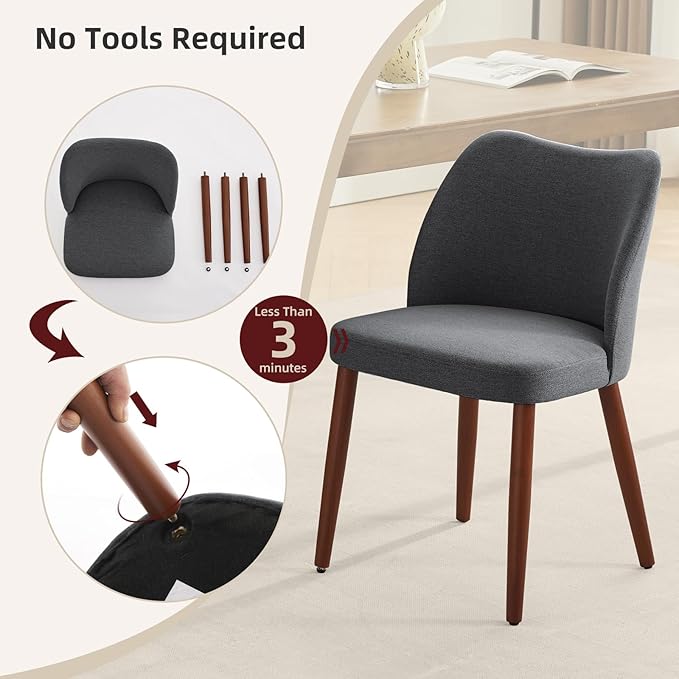 ElfinAura Dining Chair Set of 2, Linen Upholstered Dining Chair with Wood Legs, Wing Backrest, Wooden Kitchen Chair, Kitchen Chairs with Thick Cushions for Dining Room, Living Room, Dark Grey