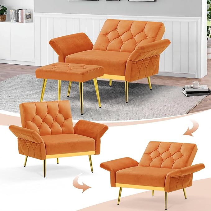 ACMEASE Velvet Accent Chair w/Adjustable Armrests and Backrests, Tufted Single Sofa with Ottoman, Upholstered Reading Chiar for Living Room, Apartment, Bedroom, Orange