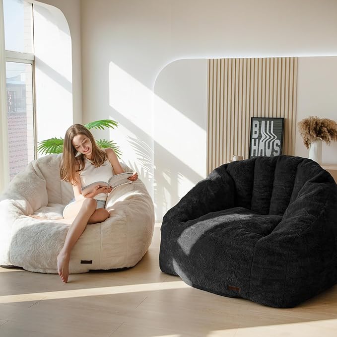 MAXYOYO Giant Bean Bag Chair, Oversized Bean Bag Couch for Adults and Kids, Faux Fur Shell-Shaped Large Chair with Filler, Stuffed Big Accent Sofa Lounge Floor Sofa for Gaming, Reading, Black