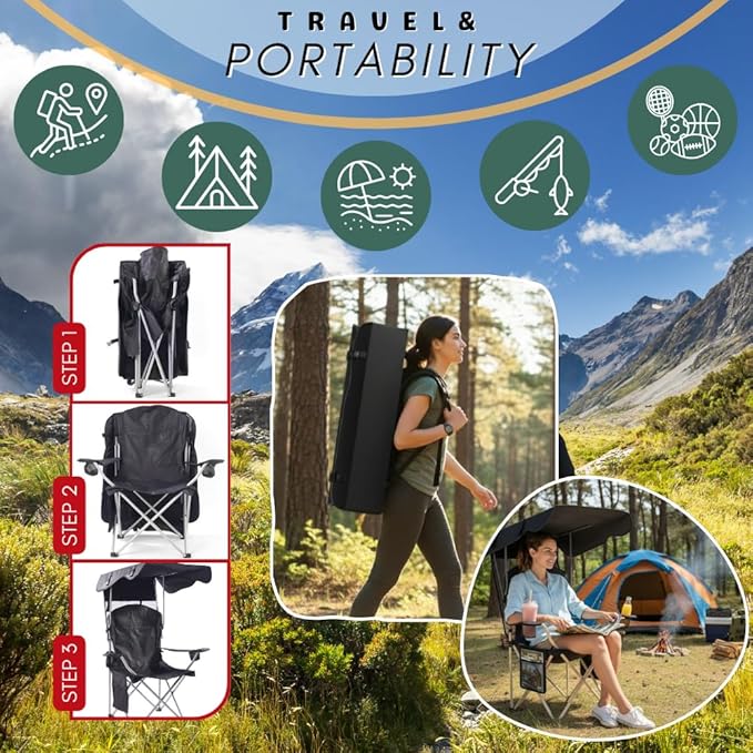 CozyBox Portable Folding Camping Chairs with Canopy Shade, Beach Chair for Adults, Durable Weather Resistant 600D Oxford Cloth, Camping Chair with Canopy for Outdoors [Black-2 Pack]