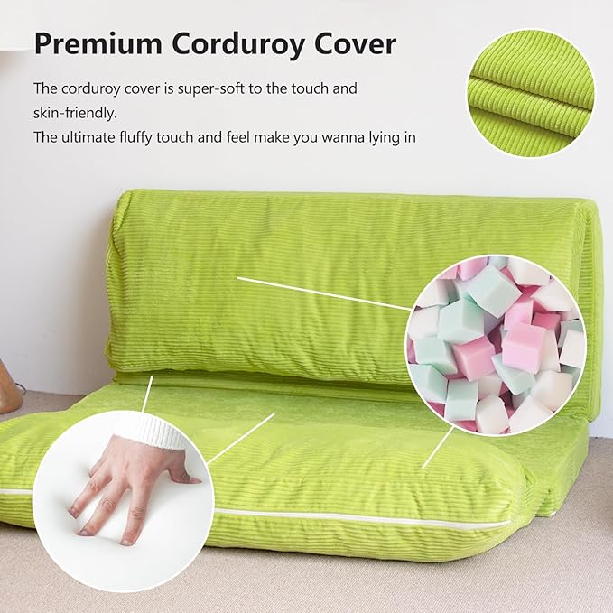 N&V Folding Matress Sofa Bean Bag Bed, Foam Filling Folding Matress Sofa, includes Removable and Machine Washable Cover, Soft Premium Corduroy (Large, Lime)