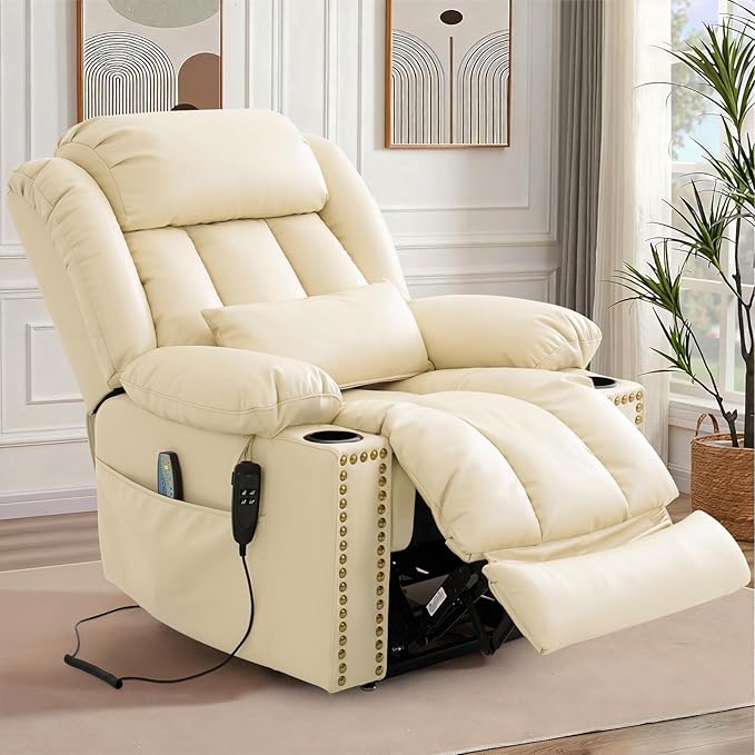 Oversized Power Lift Recliner Chair for Elderly Big and Tall, Dual Motor Heavy-Duty Lift Chair with Heat & Massage, Lay Flat Wide Recliner, USB-C, Cup Holders, Lumbar Pillow, PU Leather, Beige