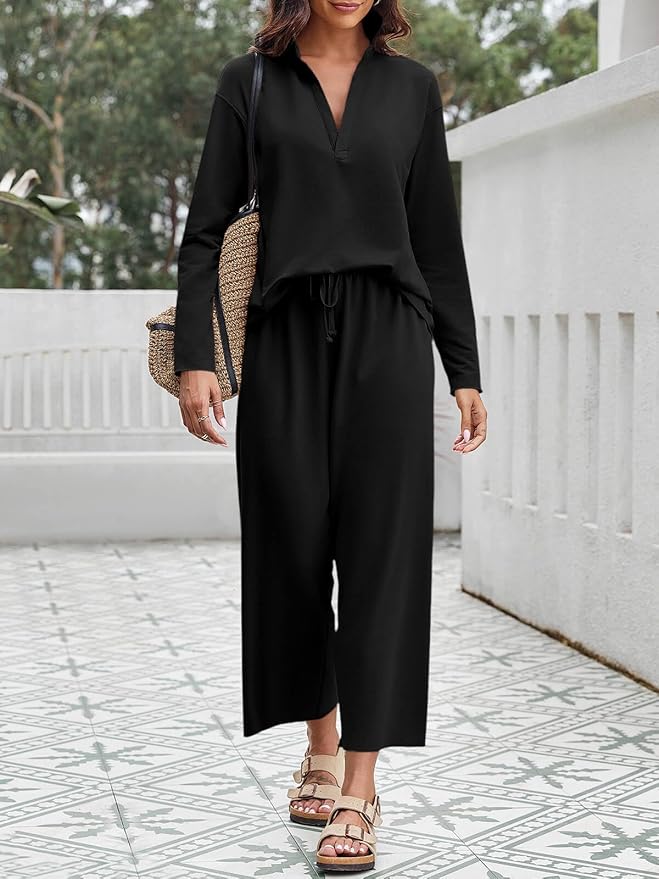 Imily Bela Womens 2 Piece Outfits Sweatsuit Long Sleeve Lapel V Neck Shirt and Wide Leg Pants 2025 Fall Trendy Tracksuit
