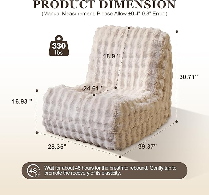 Bean Bag Chair for Adults, Lovely Bean Bag Chair with Plush Faux Fur, Lazy Floor Sofa, Comfy Reading Nook Chairs, Couch Single Sofa for Living Room Bedroom Office (Beige)