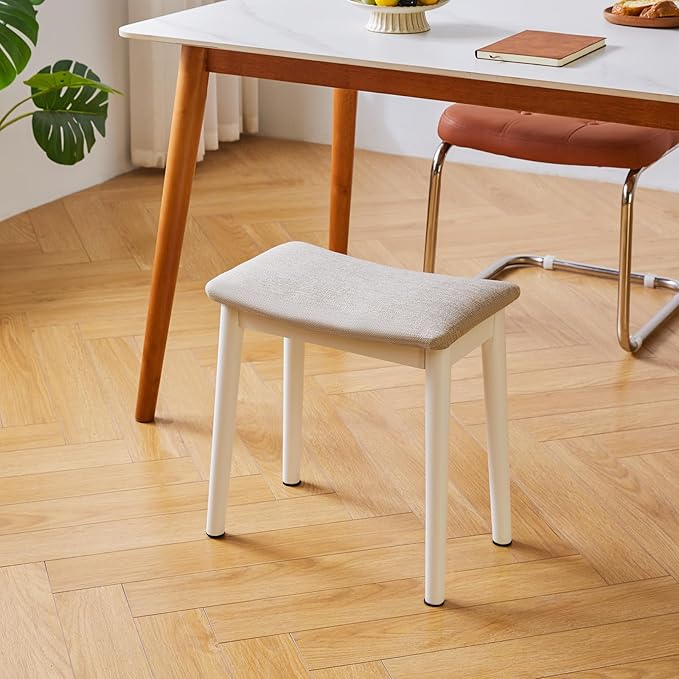 IBUYKE Saddle Cushion Vanity Stool Chair, Foot Rest Stool with Solid Wood Legs, Modern Vanity Bench Ottoman for Piano, Upholstered Seat for Bedroom, Entryway, White Legs&Light Linen WBD007WY