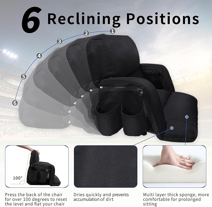 Aventorixis Wide Stadium Seats with Back Support – 2 Pack Sofa Style Bleacher Chairs, Thick Cushions, 6 Reclining Positions for Ultimate Comfort (Black-2 Pack, Wide|22.5")
