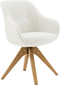 Art Leon Dining Chair - Mid Century Modern Boucle Fabric Swivel Dining Room Chair with Natural Oak Wood Legs, Leisure Side Chair with Arms for Living Room, White