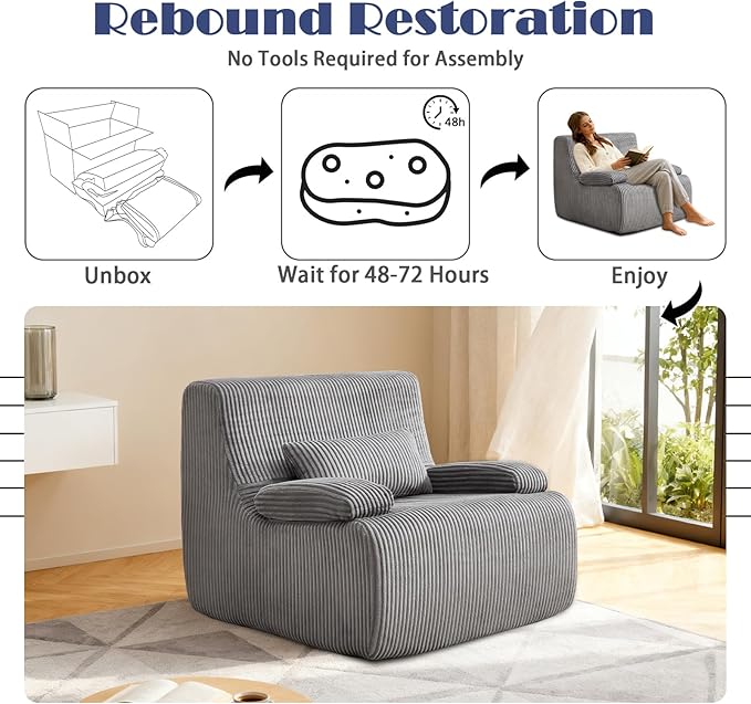 38" Bean Bag Single Chair for Living Room Bedroom, Corduroy Boneless Chair with Armrest and Pillow, Memory Foam Beanbag Couch, Lazy Floor Sofa for Reading Gaming Living Room Bedroom (1, Gray)