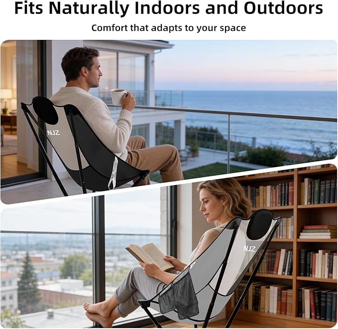 NJZ High-Back Folding Chair for Indoor & Outdoor Use — Comfortable High-Back Support, Easy One-Piece Setup, Stable Aluminum Frame, Portable Chair for Backyard, Camping & Everyday Relaxation