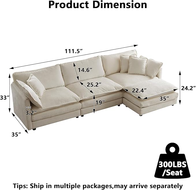 Aoowow Modular Sectional Sofa Modern Convertible L Shaped Couch,112.2 Inch Deep 3-Seater Sofas Set Comfy Chenille Cloud Sofas and Couches with Movable Ottoman for Living Room Apartment（Light Coffee）