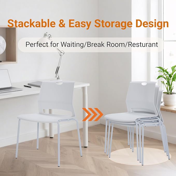 Sidanli Stackable Chairs Set of 4, Waiting Area & Breakroom Chairs in White with Back