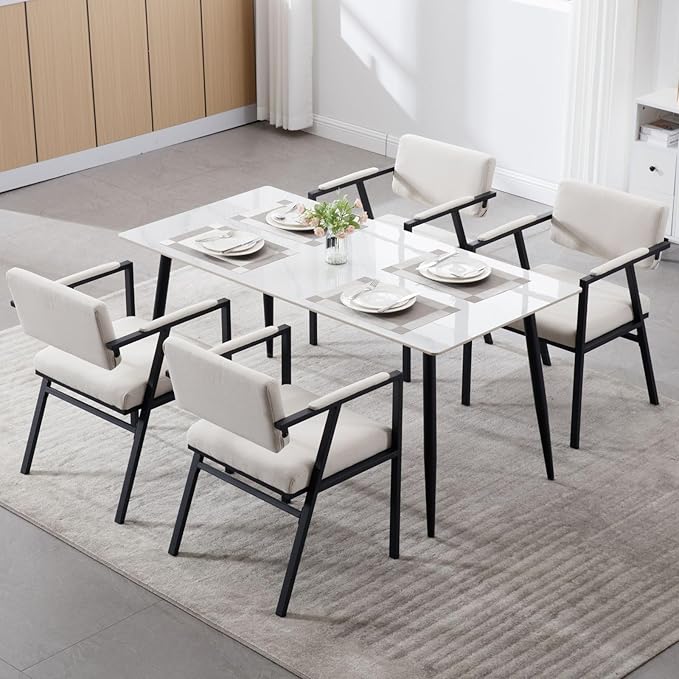 DUOMAY Modern Dining Chairs Set of 6, Linen Upholstred Side Arm Chairs Mid-Century Open Back Reception Chairs with Black Metal Legs for Kitchen Dining Room, Beige