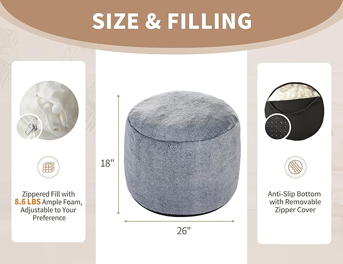 WSOFRLAC Round Pouf Ottoman Foot Rest Plush Ottoman Footstools for The Living Room Ottomans Stuffed Full of Foam Blocks 26"x18" Large Foot Stool Dark Grey Footrests Hassocks and Ottomans Set