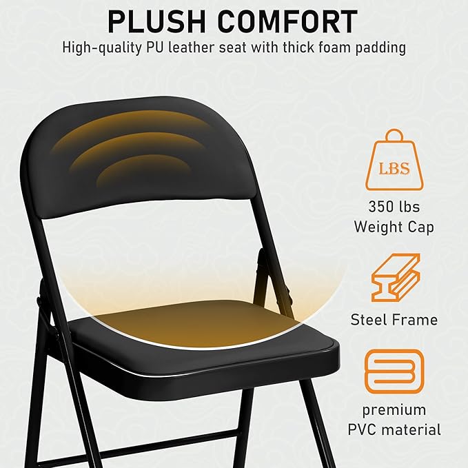SEALAMB 30 Pack Black Folding Chairs with Padded Seats & Cushion, Durable Metal Foldable Chairs for Wedding Party, Commercial Chairs for Office School Church Events, 330lb Capacity (Black-PU, 30 Pack)