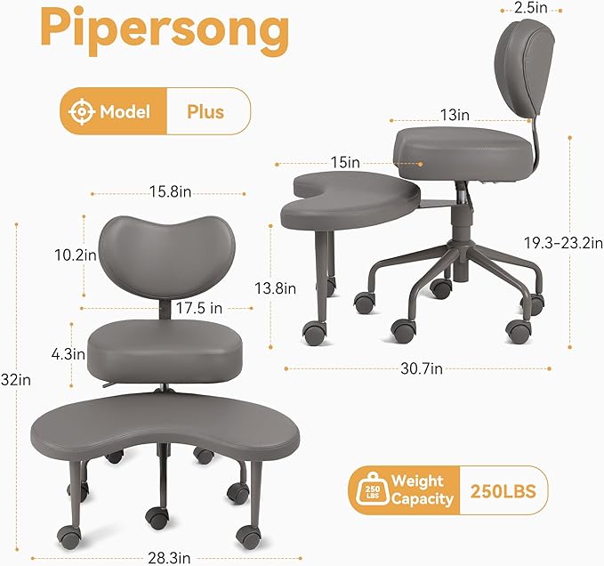Pipersong Meditation Chair Plus, Cross Legged Chair with Wheels, ADHD Chair, Criss Cross Desk Chair with Lumbar Support and Adjustable Stool, Flexible Design for Fidgety Sitters, Ivory