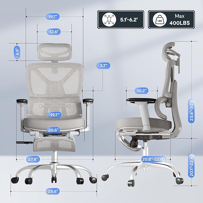FLEXISPOT ErgoX Premium Ergonomic Office Chair with Footrest- Adjustable 3D Armrests, Dynamic Lumbar Support, Recline & Tilt Function, Mesh Seat, for Home & Office Use,Grey Foam