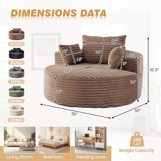 55"W Oversized Round Chair Lounge Chaise Indoor, Upholstered Comfy Circle Sofa Armchair, Modern Cozy Boneless Foam Floor Reading Chair for Living Room, Bedroom, No Assembly Required(Corduroy, Brown)