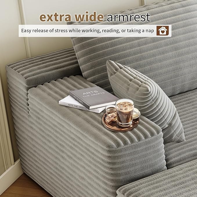 139.4" Modular Sectional Sofa Couch, Oversized U-Shaped Minimalist Couches with 4 Middle Seats Chaise, Modern Deep Seat Cloud Plush Corduroy Sofas Set for Living Room, 8 Seater, Grey