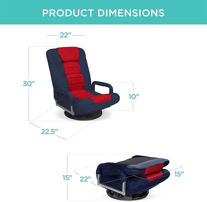 Best Choice Products Swivel Gaming Chair 360 Degree Multipurpose Floor Chair Rocker for TV, Reading, Playing Video Games w/Lumbar Support, Armrest Handles, Adjustable Foldable Backrest - Blue/Red