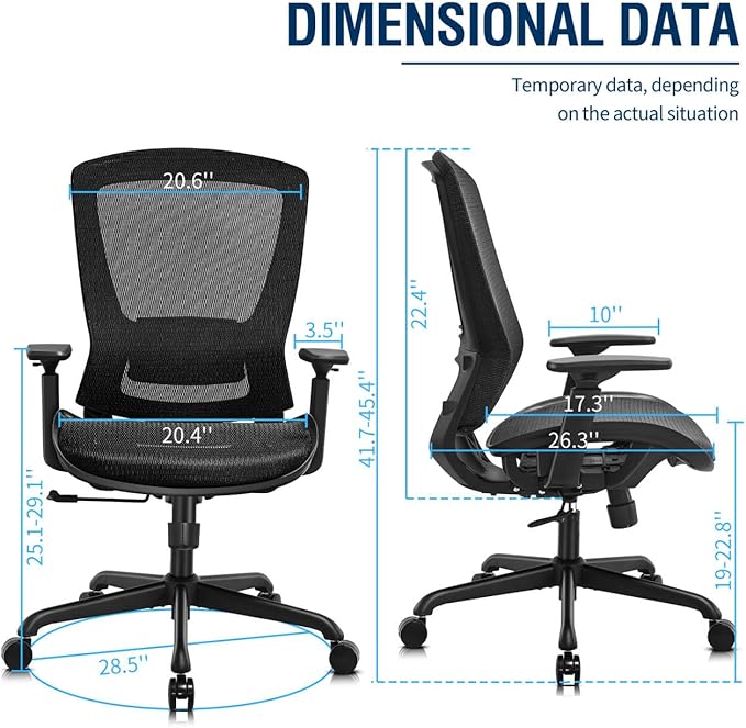ELABEST Mesh Office Chair,Ergonomic Computer Desk Chair,Sturdy Task Chair- Adjustable Lumbar Support & Armrests,Tilt Function,Comfort Wide Seat,Swivel Home Office Chair (Black)