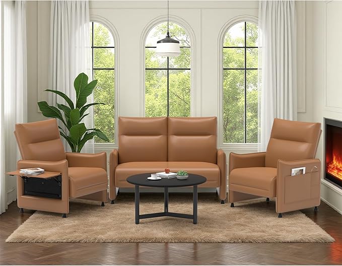 3-Piece Living Room Sofa Set, Faux Leather Loveseat & Accent Chairs Set of 2 with Hidden Foldable Tray & Side Pocket, Front Contour Arm Design, Upholstered Sofa Set for Office, Brown
